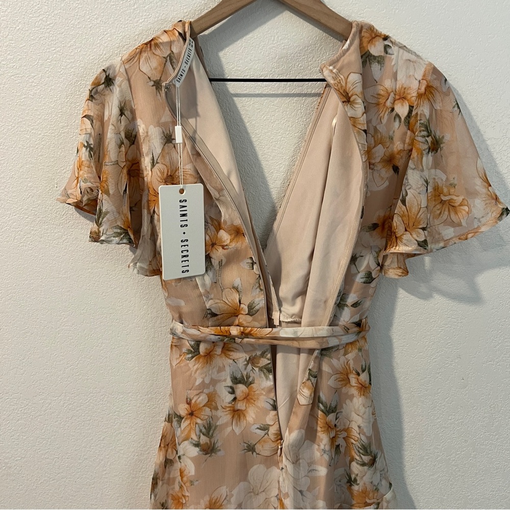 Saints + Secrets Chiffon Floral Flutter Sleeve Tie Waist Faux Wrap Mini Dress M - Picture 9 of 16